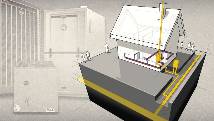 In this illustration, we see that natural gas is fed into the home, fed into the gas furnace, where the heating process is started when burners hit up a metal exchange.